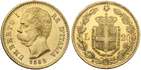 Umberto I (1878-1900). 20 lire 1882. Pag. 658; MIR (Savoia) 1098e. AU. 6.43 g. 21.00 mm. qFDC/FDC.