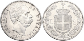 Umberto I (1878-1900). 2 lire 1882. Pag. 592; MIR (Savoia) 1101b. AG. 27.00 mm. Prooflike. qSPL/SPL.