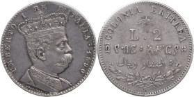 Colonia Eritrea. Umberto I (1878-1900). 2 lire 1890 Roma. Pag. 632; MIR (Savoia) 1111a. AG. 26.00 mm. Perizia Zanirato. BB/SPL.