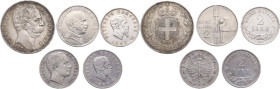 Lotto di cinque (5) monete: 5 lire 1879 (Umberto), 2 lire 1863 N valore (2) (Vittorio Emanuele II), 2 lire 1907, buono da 2 lire 1923 (Vittorio Emanue...