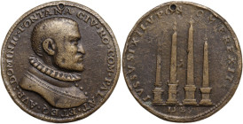 Domenico Fontana (1543-1607). Medaglia 1589, Gli obelischi di Roma. D/ DOMINIC FONTANA CIV RO COM PALAT ET EQ AVR. Busto barbuto a destra. R/ IVSSV SI...