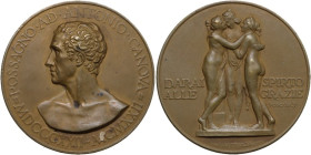 Antonio Canova (1757-1822). Medaglia celebrativa 1922 per il centenario della morte. D/ Busto a sinistra. R/ Le tre grazie; sullo sfondo, DARAI SPIRIT...