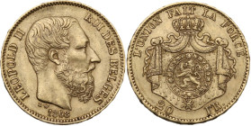 Belgium. Leopold II (1865-1909). 20 francs 1868. KM 32; Fried. 412. AU. 6.47 g. 21.00 mm. XF/AU.