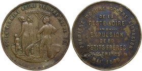 Belgium. Satirical AE Medal on the Black Death expulsion of 50 Germans, AD 1879. AE. 30.00 mm. Edge bumps. VF.