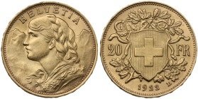 Switzerland. Confederation (1848- ). 20 francs 1922 B, Bern mint. Fried. 499; Fried.. AV. 6.45 g. 21.00 mm. Very minor bumps on edge. UNC.