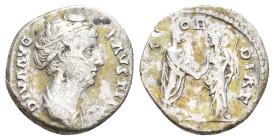 DIVA FAUSTINA I, Died 140/1 AD. AR, Denarius. Rome. 2.69 g. 16.9 mm.
Struck under Antoninus Pius.