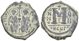 JUSTIN II and SOPHIA (?), 565-578 AD. AE, Follis. Theoupolis (Antioch). 13.24 g. 32.70 mm. Retrograde.