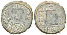 TIBERIUS II CONSTANTINE, 578-582 AD. AE, Follis. Theoupolis (Antioch). 13.25 g. 31.35 mm. Retrograde.