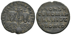 CONSTANTINE VII PORPHYROGENITUS with ROMANUS I, 913-959 AD. AE, Follis. Constantinople. 8.51 g. 26 mm.