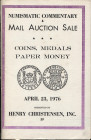 CHRISTENSEN H. – Madison, 23 – April, 1976. Coins, medals paper money. Pp. n.n., nn. 3029, tavv. 27. Ril. ed. buono stato.