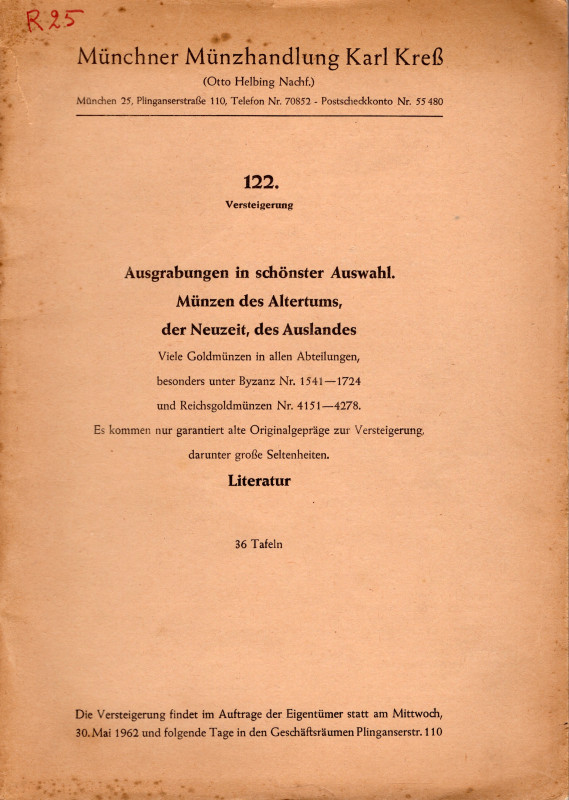 KRESS K. - Auktion 122. Munchen, 30 – Mai, 1962. Munzen antike und mittelalters....