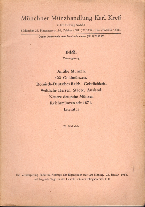 KRESS K. – Auktion 142. Munchen, 22 – Januar, 1968. Munzen antike und mittelalte...