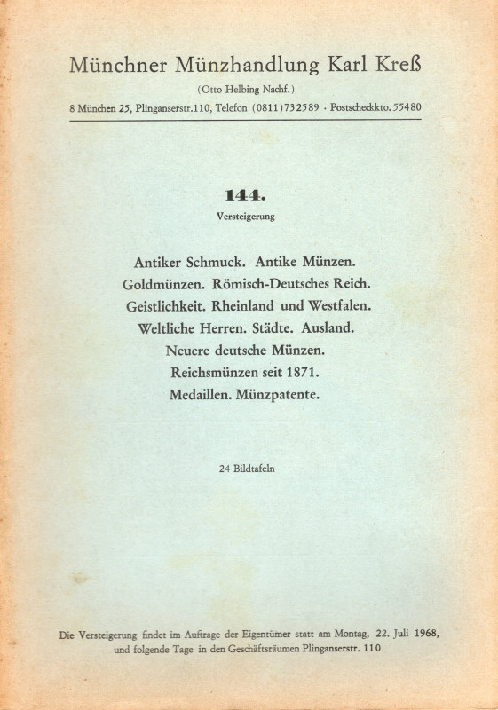 KRESS K. – Auktion 144. Munchen, 22 –Juli, 1968. Munzen antike und meittelalters...