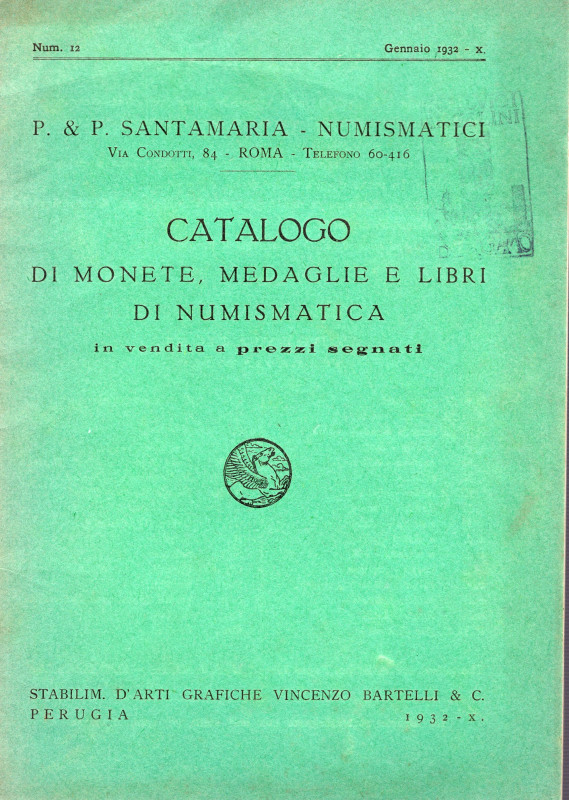 SANTAMARIA P. & P. – Roma, 1932. Catalogo a prezzi fissi n. 12 Gennaio , 1932. M...