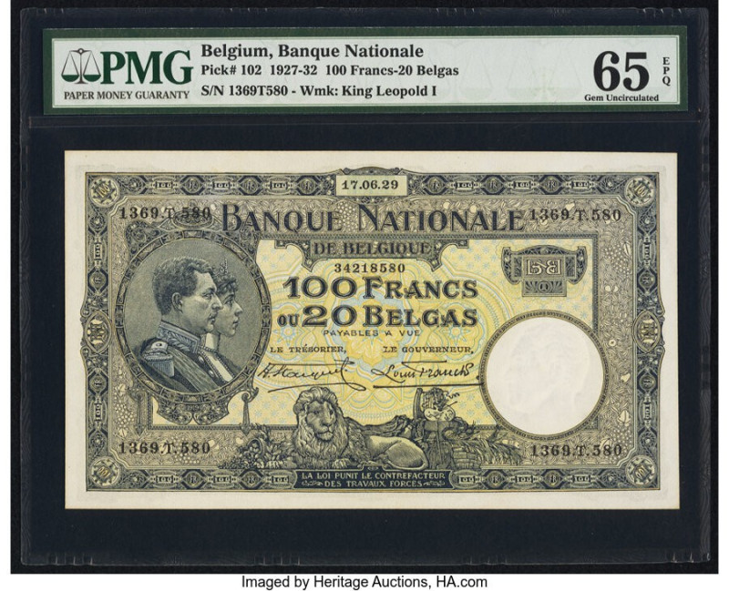 Belgium Banque Nationale de Belgique 100 Francs-20 Belgas 17.6.1929 Pick 102 PMG...