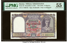 Burma Military Administration 10 Rupees ND (1945) Pick 28 Jhun5.11B.1 PMG About Uncirculated 55. Staple holes at issue and annotations are present on ...