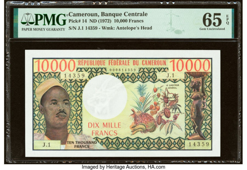 Cameroon Banque Centrale 10,000 Francs ND (1972) Pick 14 PMG Gem Uncirculated 65...