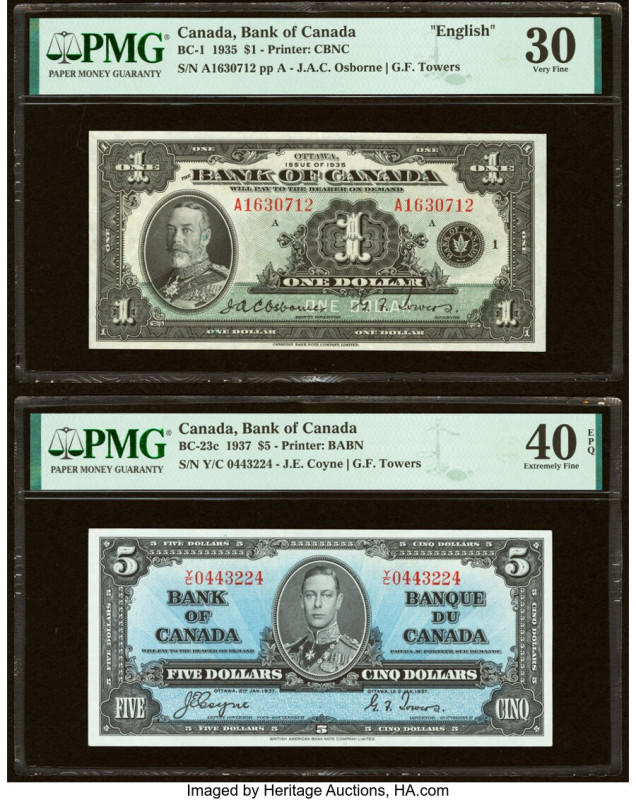 Canada Bank of Canada $1; 5 1935; 1937 BC-1; BC-23c Two Examples PMG Very Fine 3...