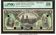 Canada Montreal, PQ- Banque d'Hochelaga $5 1.1.1914 Ch.# 360-22-02S Specimen PMG Choice About Unc 58. Six POCs and previous mounting are noted on this...