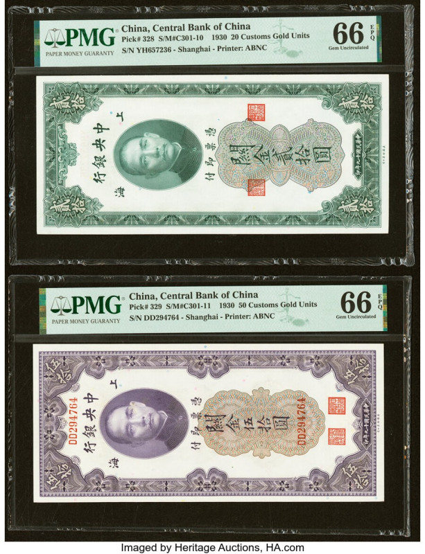 China Central Bank of China 20; 50 Customs Gold Units 1930 Pick 328; 329 Two Exa...