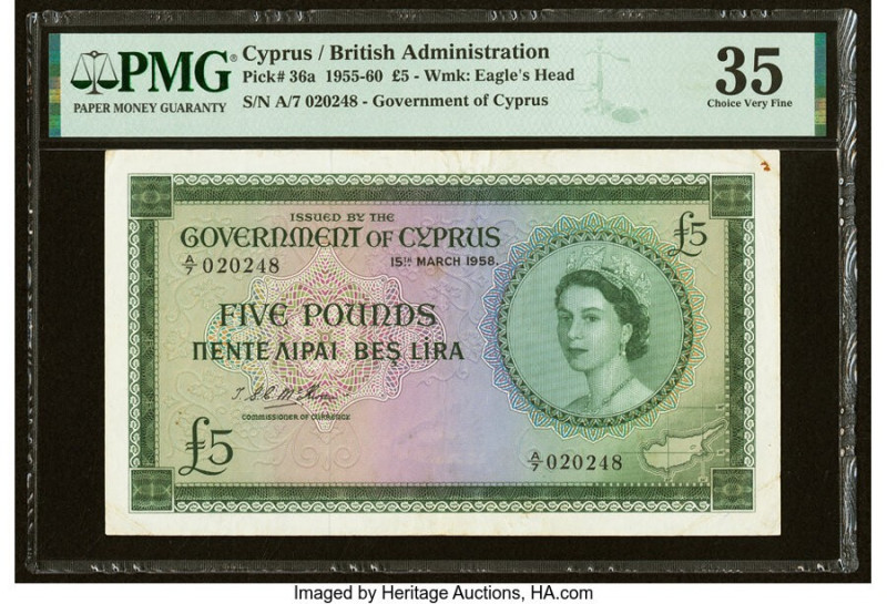 Cyprus Central Bank of Cyprus 5 Pounds 15.3.1958 Pick 36a PMG Choice Very Fine 3...