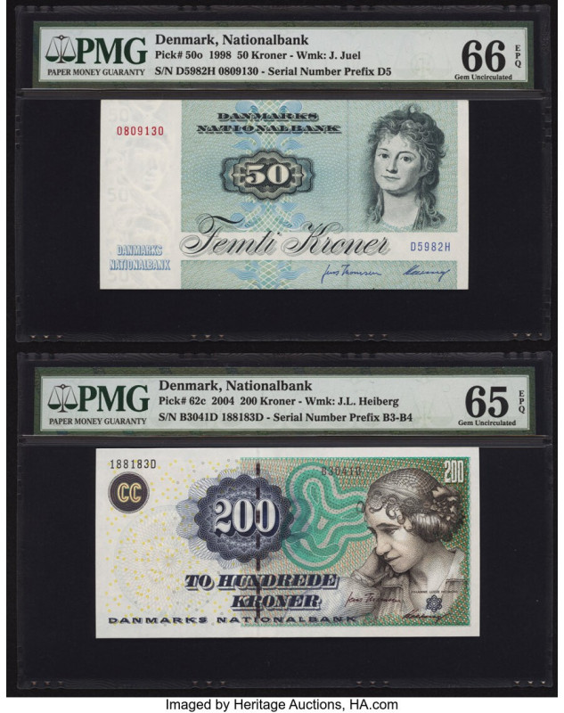 Denmark National Bank 50; 200 Kroner 1998; 2004 Pick 50o; 62c Two Examples PMG G...