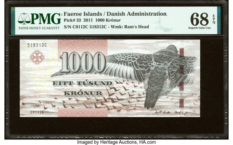 Faeroe Islands Foroyar 1000 Kronur 2011 Pick 33 PMG Superb Gem Unc 68 EPQ. 

HID...
