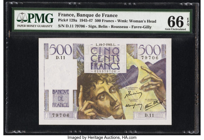 France Banque de France 500 Francs 19.7.1945 Pick 129a PMG Gem Uncirculated 66 E...