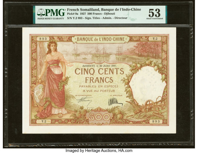 French Somaliland Banque de l'Indochine, Djibouti 500 Francs 20.7.1927 Pick 9a P...