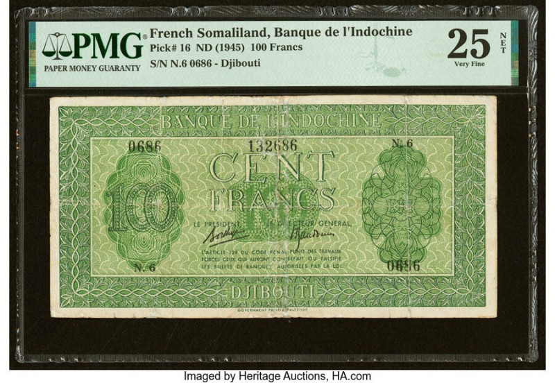 French Somaliland Banque de l'Indochine, Djibouti 100 Francs ND (1945) Pick 16 P...
