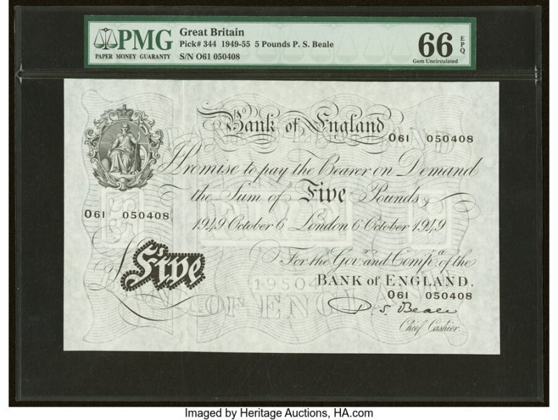 Great Britain Bank of England 5 Pounds 6.10.1949 Pick 344 PMG Gem Uncirculated 6...