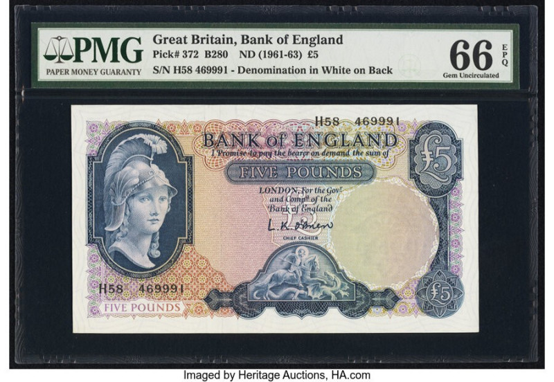Great Britain Bank of England 5 Pounds ND (1961-63) Pick 372 PMG Gem Uncirculate...