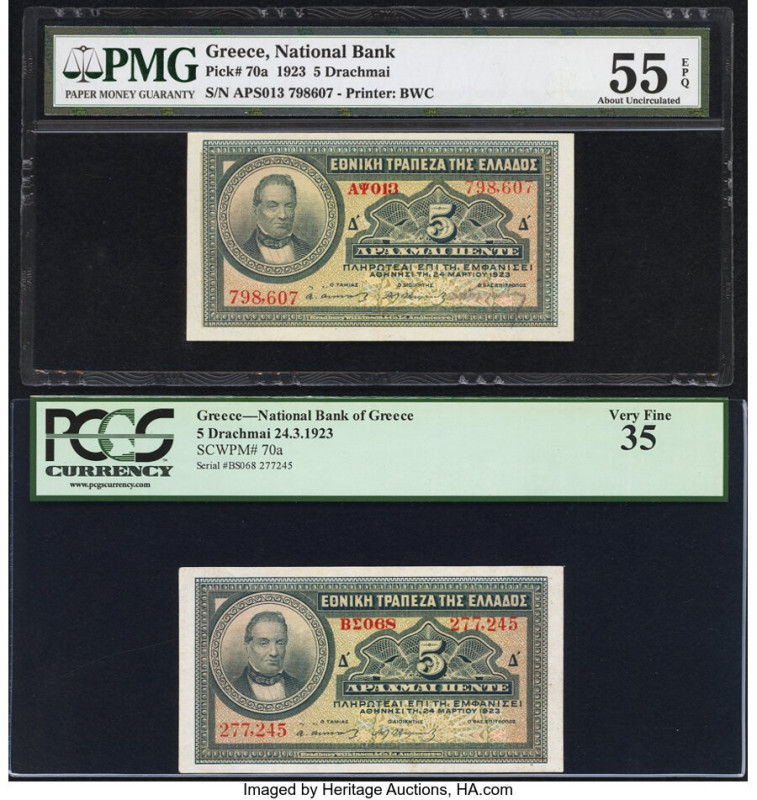 Greece National Bank of Greece 5 Drachmai 24.3.1923 Pick 70a Two Examples PMG Ab...