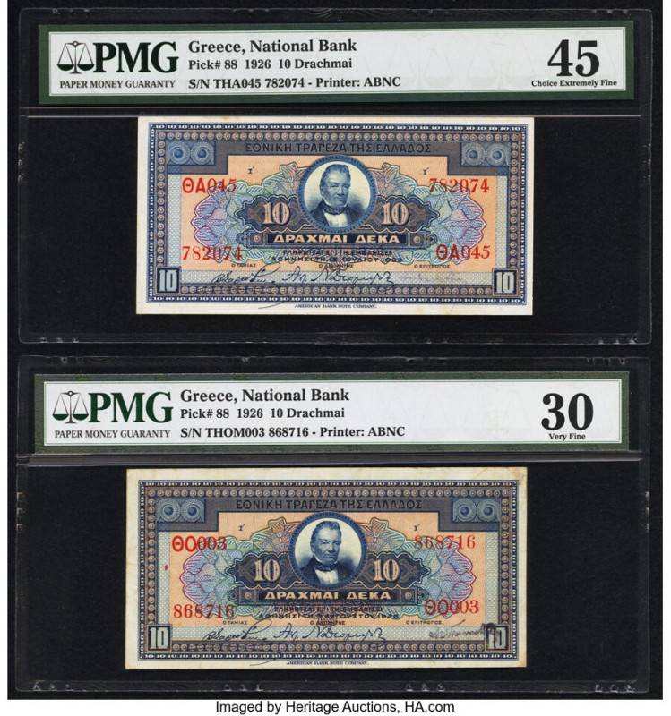 Greece National Bank of Greece 10 Drachmai 1926 Pick 88 Two Examples PMG Choice ...