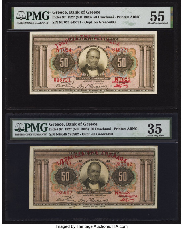 Greece Bank of Greece 50 Drachmai 1927 (ND 1928) Pick 97 Two Examples PMG About ...