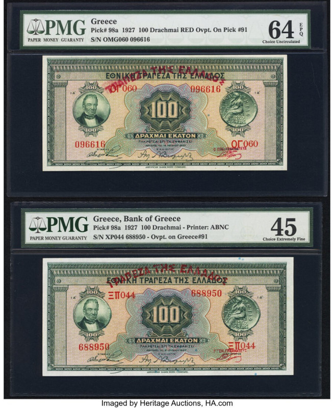 Greece Bank of Greece 100 Drachmai 1927 (ND 1928) Pick 98a Two Examples PMG Choi...