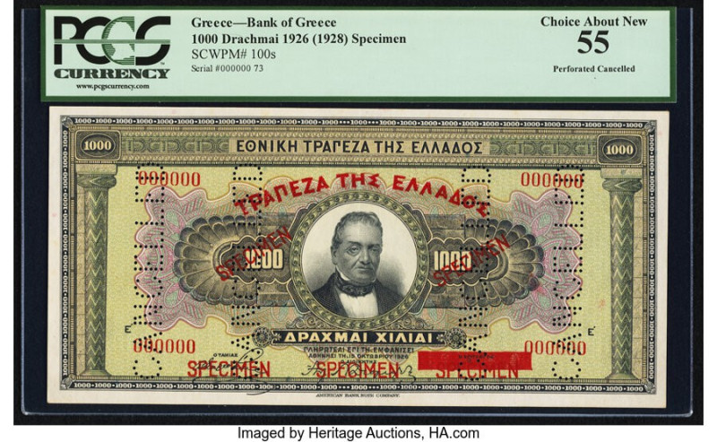 Greece Bank of Greece 1000 Drachmai 1926 (1928) Pick 100s Specimen PCGS Choice A...