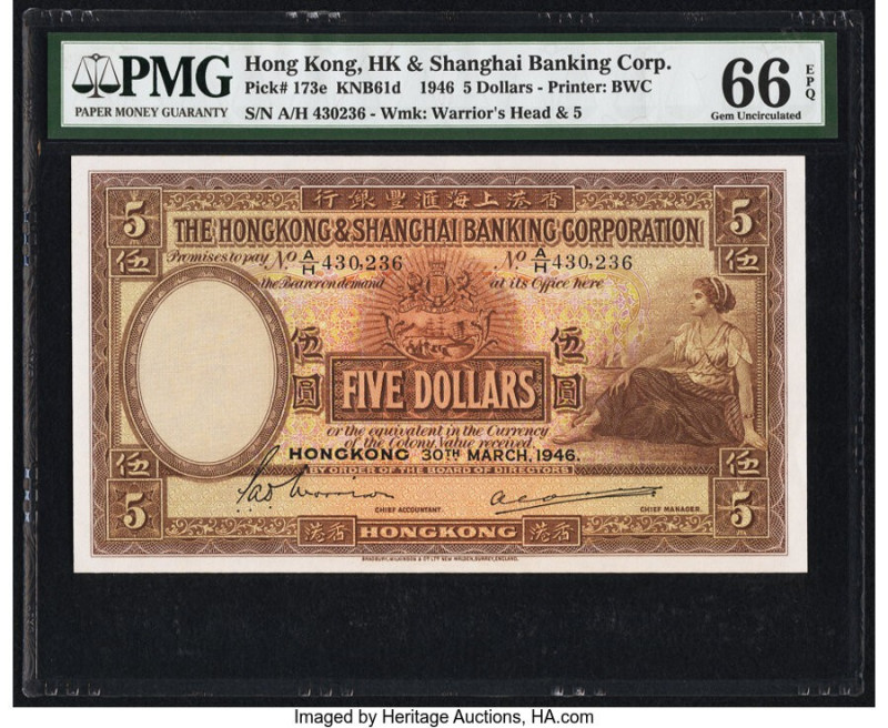 Hong Kong Hongkong & Shanghai Banking Corp. 5 Dollars 30.3.1946 Pick 173e PMG Ge...