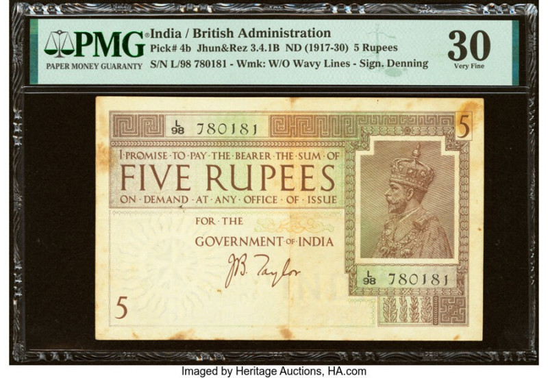 India Government of India 5 Rupees ND (1917-30) Pick 4b Jhun3.4.1B PMG Very Fine...