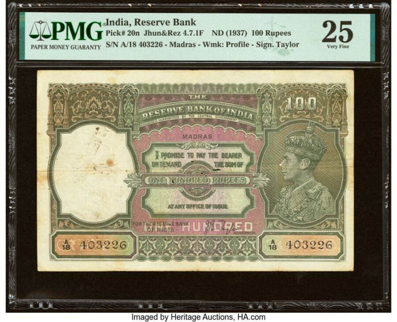 India Reserve Bank of India 100 Rupees ND (1937) Pick 20n Jhun4.7.1F PMG Very Fi...