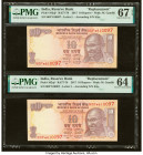 Matching Ascending Serial Numbers India Reserve Bank of India 10 Rupees 2017 Pick 102ai* Two Replacement Examples PMG Superb Gem Unc 67 EPQ; Choice Un...