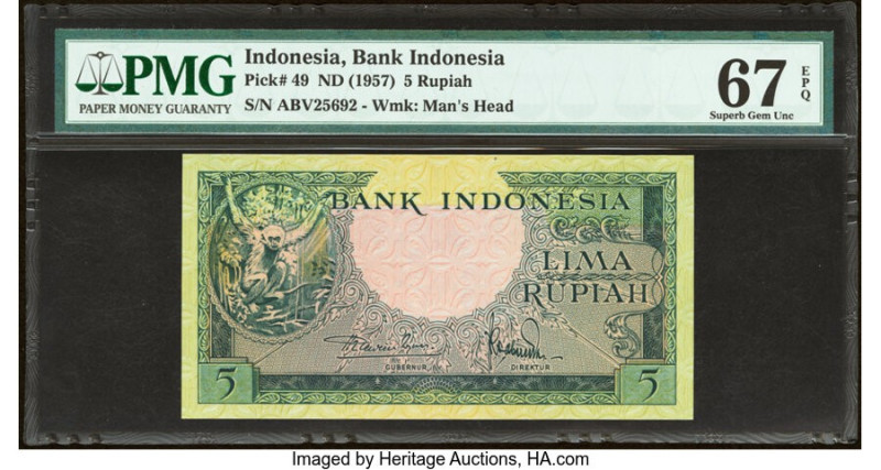Indonesia Bank Indonesia 5 Rupiah ND (1957) Pick 49 PMG Superb Gem Unc 67 EPQ. 
...