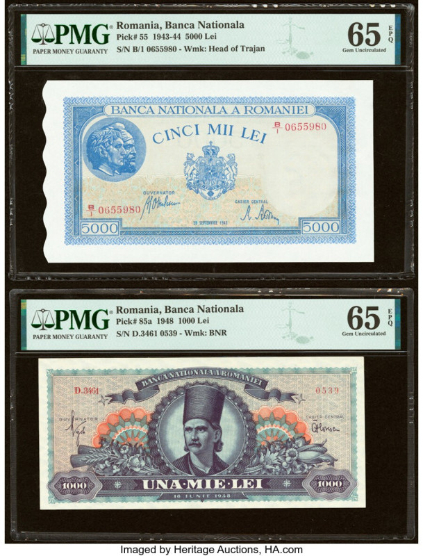 Romania Banca Nationala 5000; 1000 Lei 28.9.1943; 18.6.1948 Pick 55; 85a Two Exa...