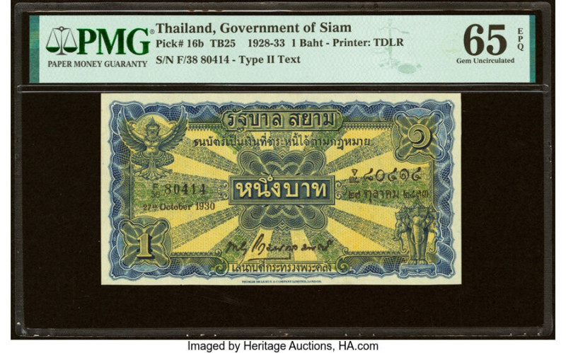 Thailand Government of Siam 1 Baht 27.10.1930 Pick 16b PMG Gem Uncirculated 65 E...