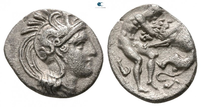 Calabria. Tarentum circa 380-325 BC. 
Diobol AR

11mm., 1,03g.

Helmeted he...