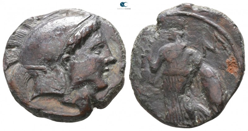 Sicily. Tyrrhenoi 390-380 BC. 
Bronze Æ

18mm., 5,59g.

[TURR] Head of Athe...