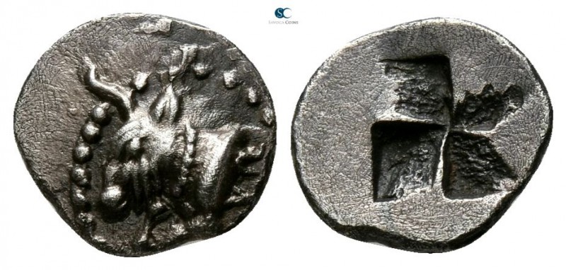 Thrace. Byzantion 387-340 BC. 
Hemiobol AR

7mm., 0,47g.

Forepart of bull ...