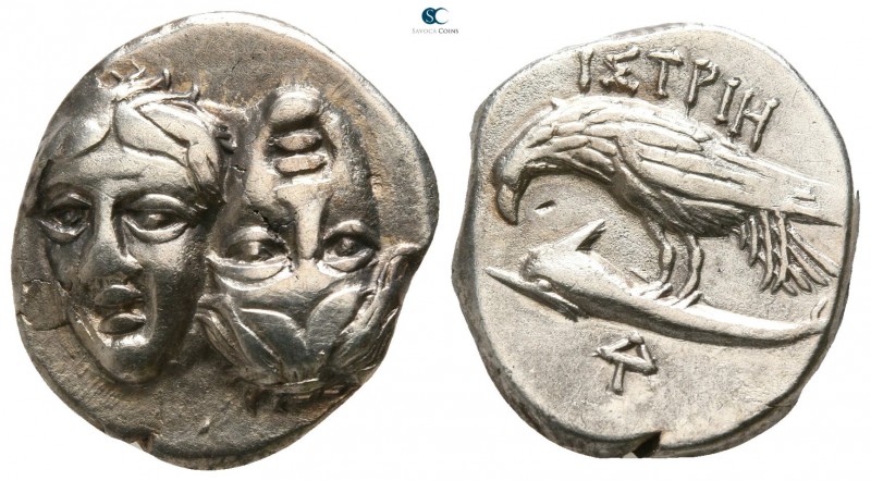 Moesia Inferior. Istros 400-300 BC. 
Drachm AR

17mm., 5,02g.

Facing male ...
