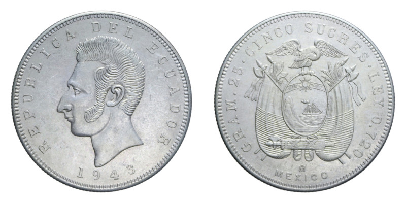 ECUADOR 5 SUCRES 1943 AG. 24,92 GR. qSPL/SPL (SEGNETTI)