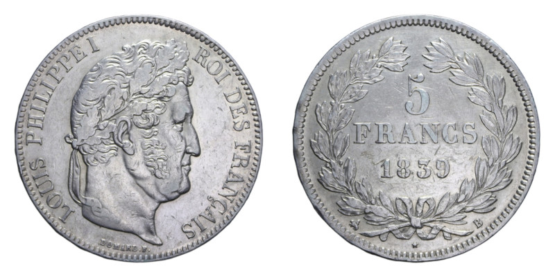 FRANCIA LUIGI FILIPPO I 5 FRANCS 1839 B AG. 24,96 GR. BB